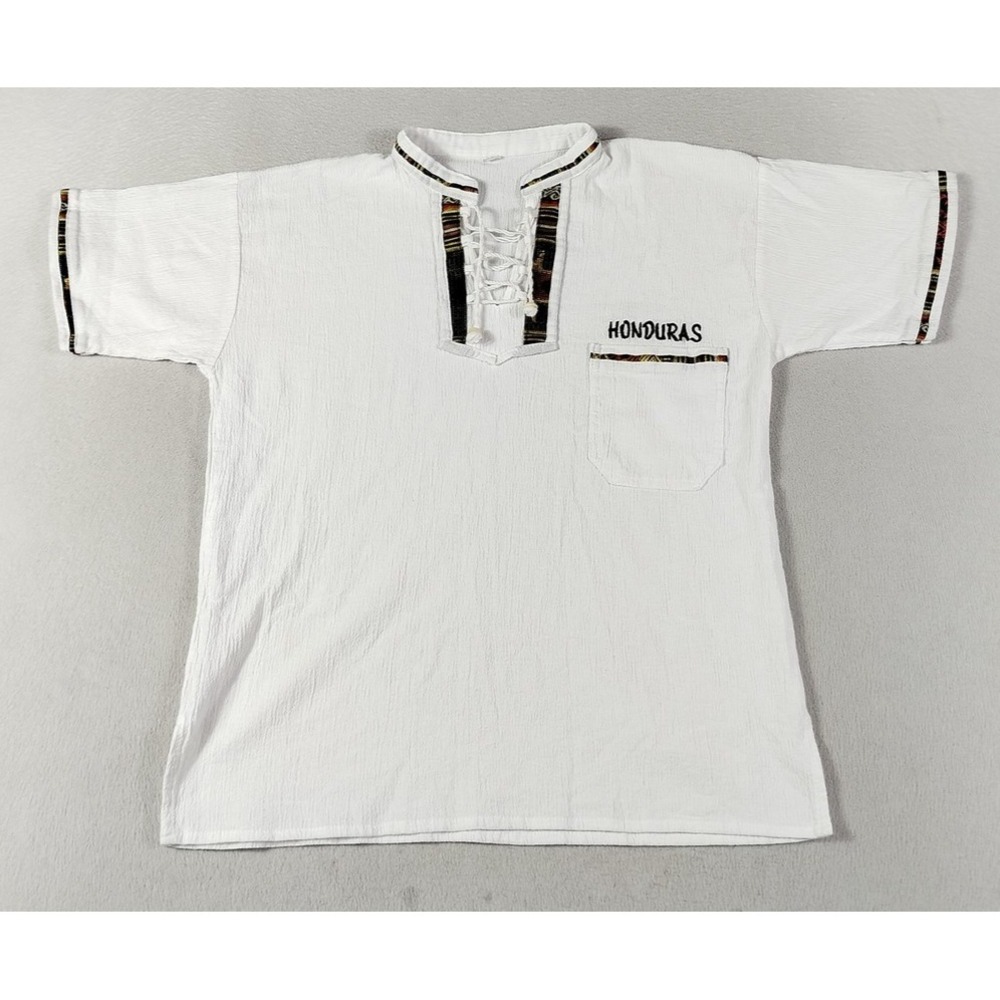 Honduras Shirt Mens Small White Embroidered Pocket Henley Travel Tee Souvenir‎